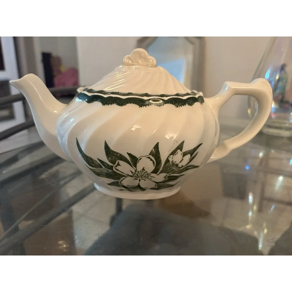 VTG Ceramic Teapot Swirl Body Green Floral Dogwood Flower Transferware 9.5